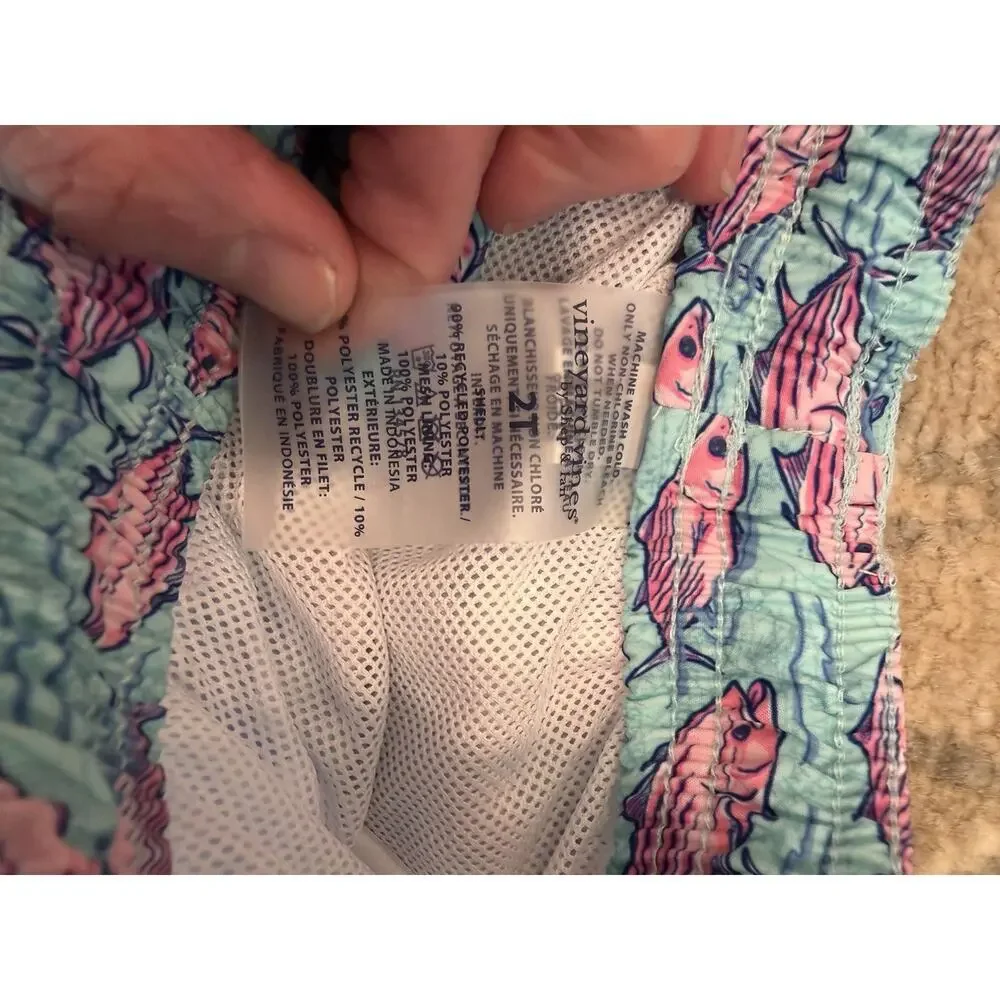 Vineyard Vines Swim Trunks Pink Blue Fish Lined Drawstring Iittle Boys Sz 2 NEW